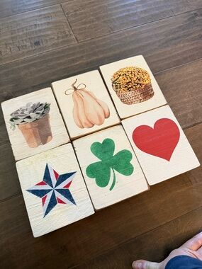 Set of 6 Decorative Rustic Marlin Wooden Blocks with Icons